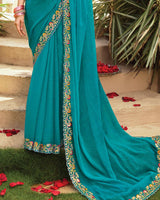 Vishal Prints Aqua Blue Designer Fancy Chiffon Saree With Embroidery-Diamond Work And Cut Work Border