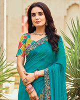 Vishal Prints Aqua Blue Designer Fancy Chiffon Saree With Embroidery-Diamond Work And Cut Work Border