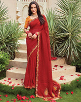 Vishal Prints Chili Red Designer Fancy Chiffon Saree With Embroidery-Diamond Work And Cut Work Border