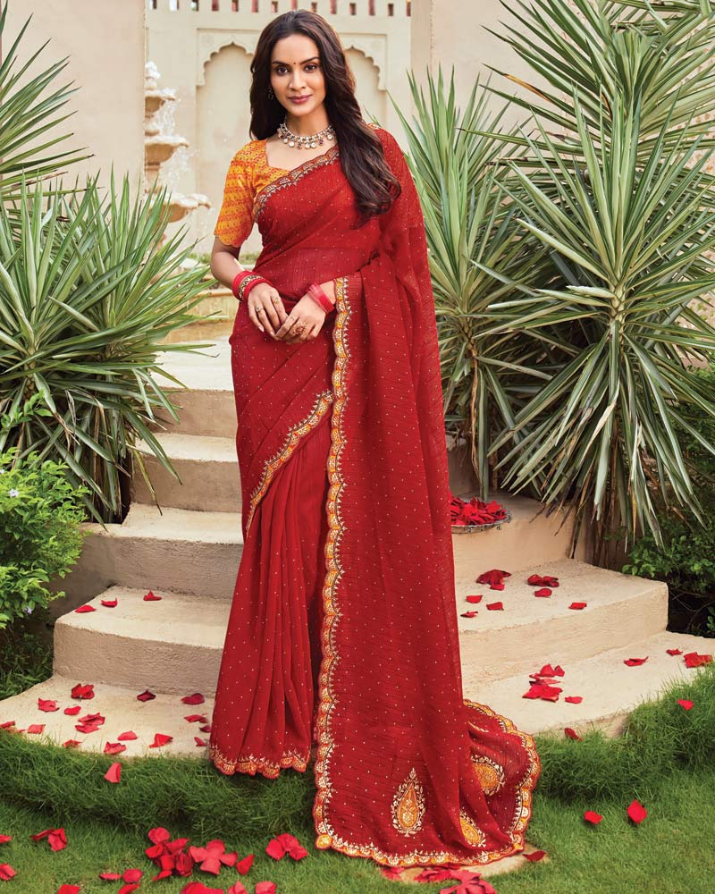 Vishal Prints Chili Red Designer Fancy Chiffon Saree With Embroidery-Diamond Work And Cut Work Border