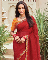 Vishal Prints Chili Red Designer Fancy Chiffon Saree With Embroidery-Diamond Work And Cut Work Border