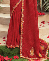 Vishal Prints Chili Red Designer Fancy Chiffon Saree With Embroidery-Diamond Work And Cut Work Border