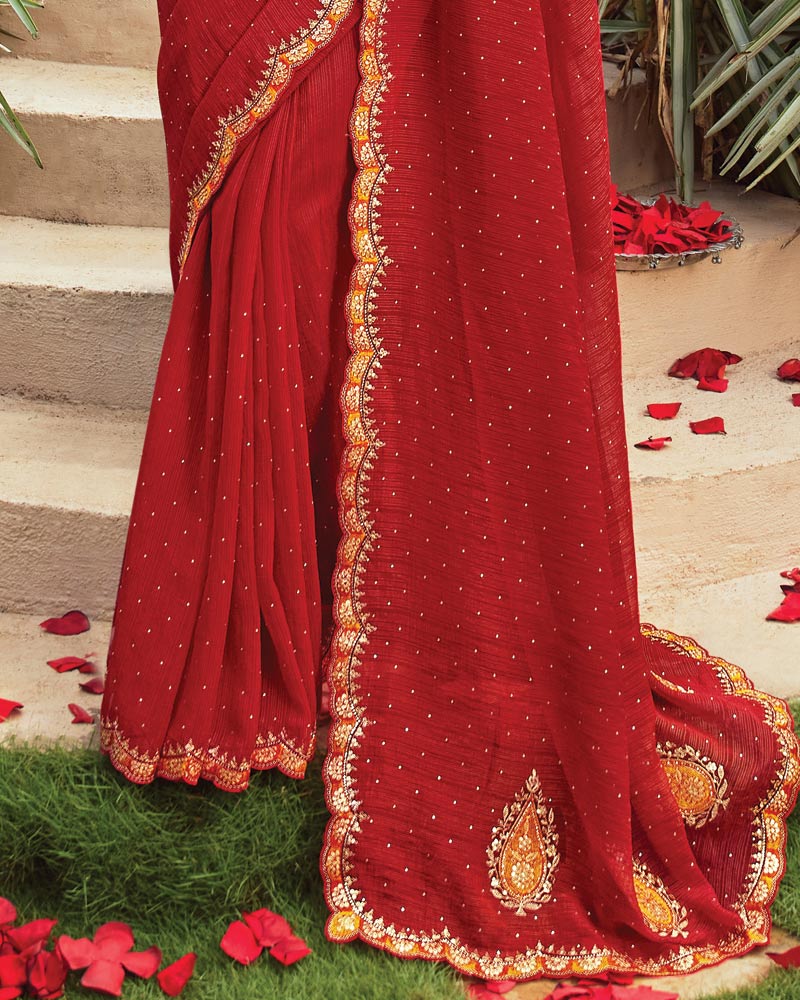 Vishal Prints Chili Red Designer Fancy Chiffon Saree With Embroidery-Diamond Work And Cut Work Border