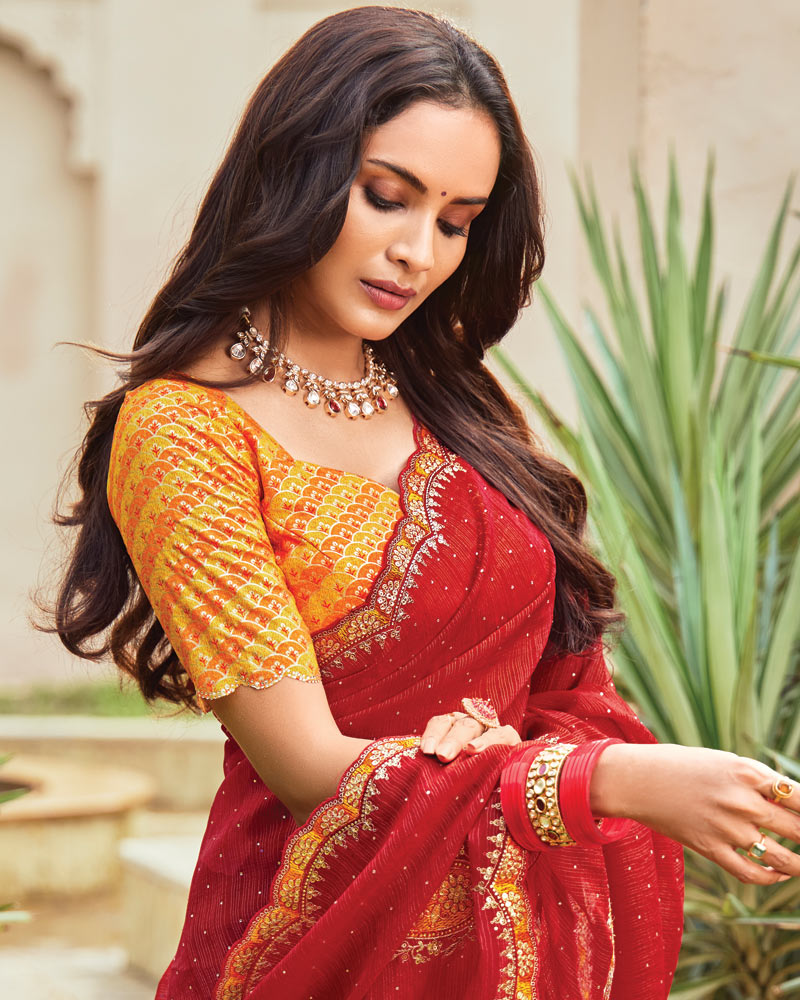 Vishal Prints Chili Red Designer Fancy Chiffon Saree With Embroidery-Diamond Work And Cut Work Border