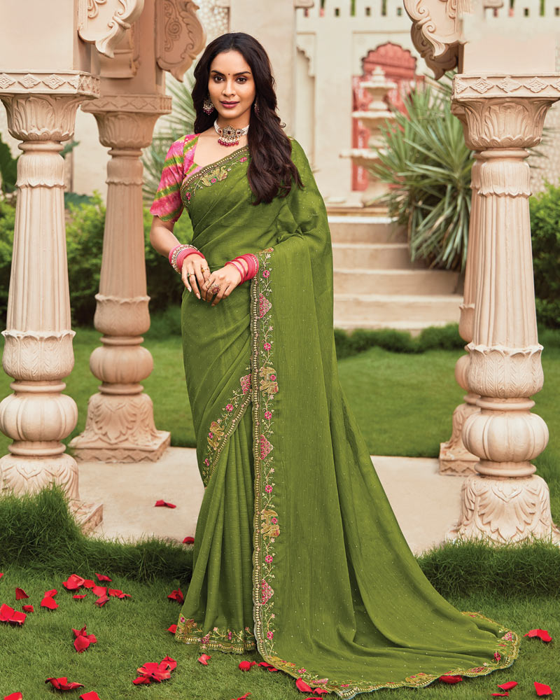 Vishal Prints Olive Green Designer Fancy Chiffon Saree With Embroidery-Diamond Work And Cut Work Border