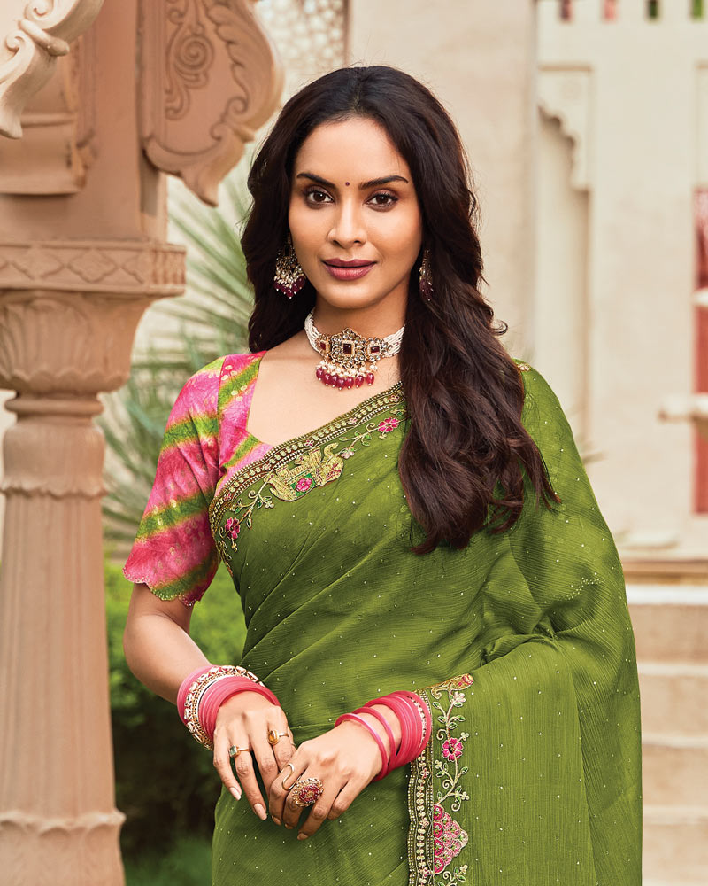 Vishal Prints Olive Green Designer Fancy Chiffon Saree With Embroidery-Diamond Work And Cut Work Border