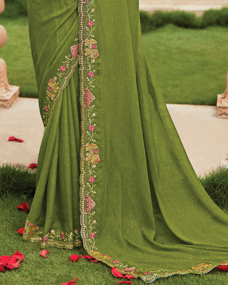 Vishal Prints Olive Green Designer Fancy Chiffon Saree With Embroidery-Diamond Work And Cut Work Border