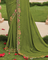 Vishal Prints Olive Green Designer Fancy Chiffon Saree With Embroidery-Diamond Work And Cut Work Border