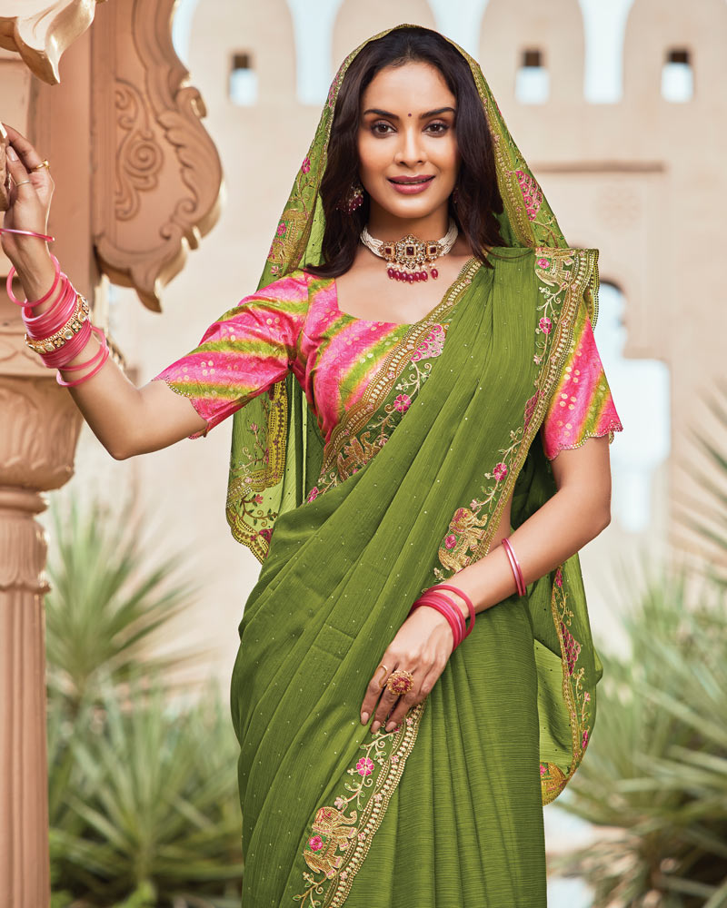 Vishal Prints Olive Green Designer Fancy Chiffon Saree With Embroidery-Diamond Work And Cut Work Border