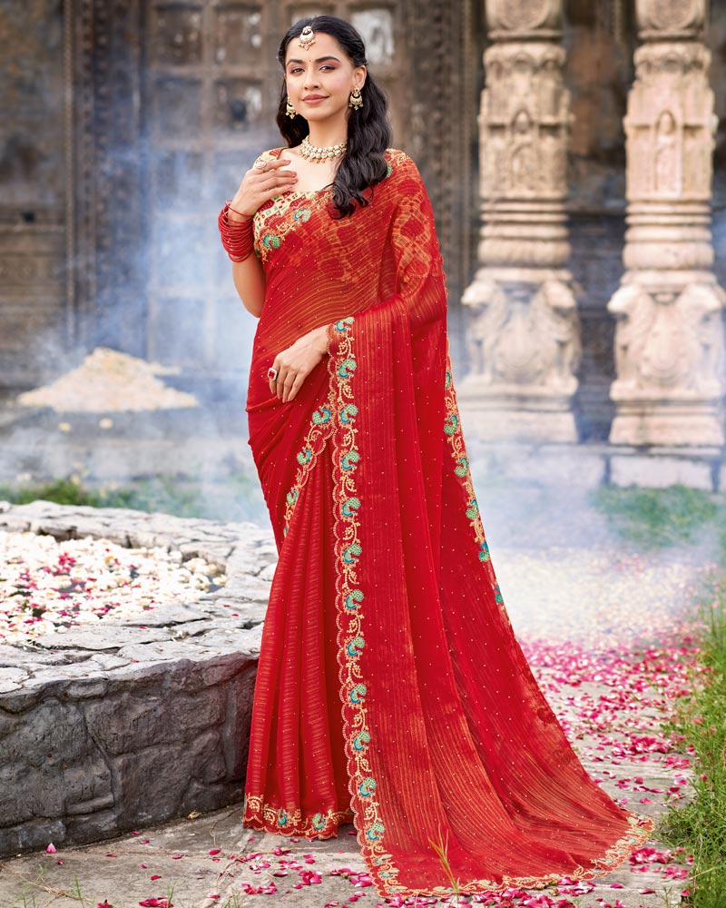 Vishal Prints Chili Red Designer Fancy Chiffon Saree With Diamond Work And Cut Work Embroidery Border