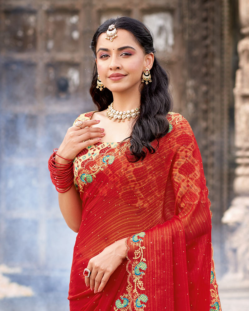 Vishal Prints Chili Red Designer Fancy Chiffon Saree With Diamond Work And Cut Work Embroidery Border