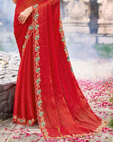 Vishal Prints Chili Red Designer Fancy Chiffon Saree With Diamond Work And Cut Work Embroidery Border