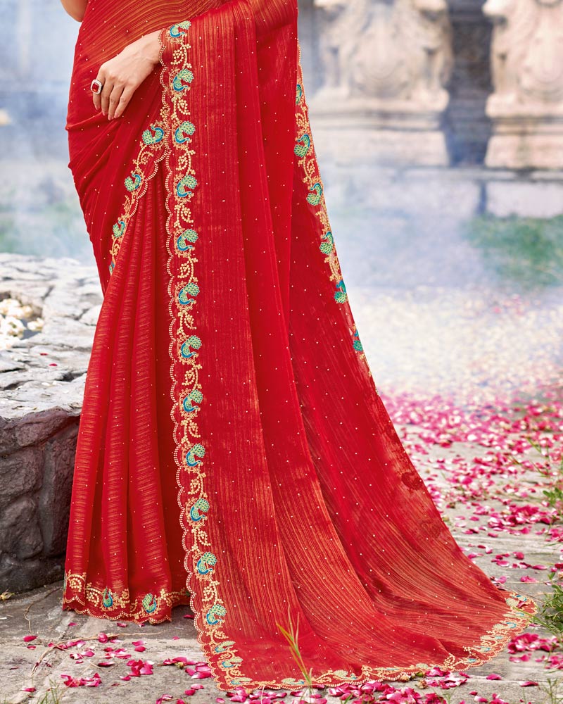 Vishal Prints Chili Red Designer Fancy Chiffon Saree With Diamond Work And Cut Work Embroidery Border