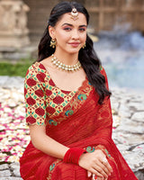 Vishal Prints Chili Red Designer Fancy Chiffon Saree With Diamond Work And Cut Work Embroidery Border