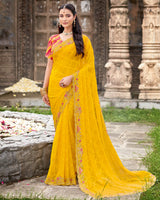 Vishal Prints Bright Yellow Designer Fancy Chiffon Saree With Diamond Work And Cut Work Embroidery Border
