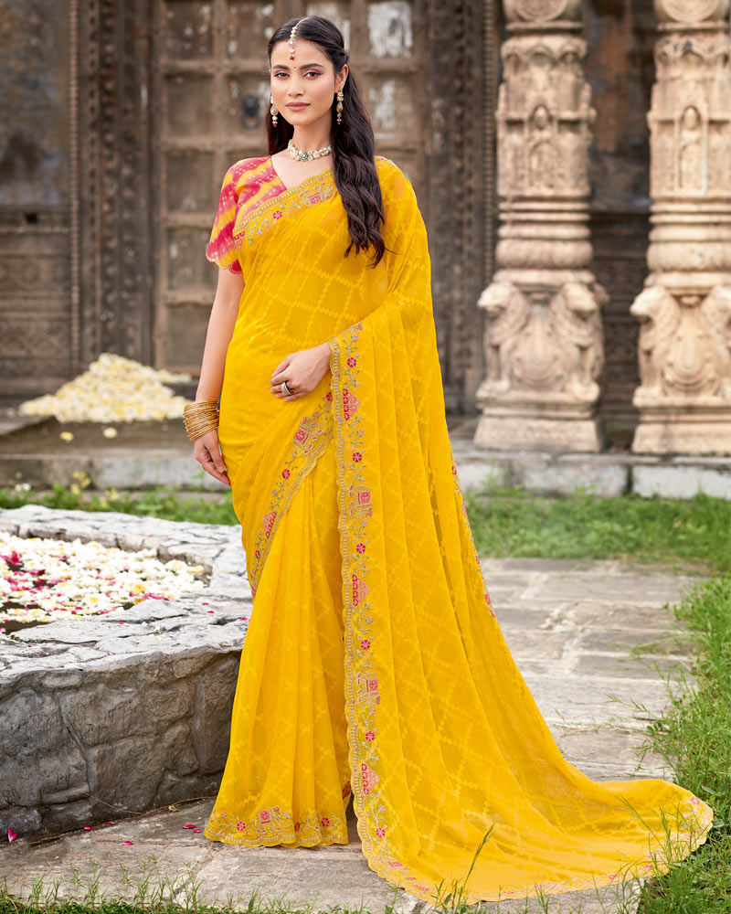 Vishal Prints Bright Yellow Designer Fancy Chiffon Saree With Diamond Work And Cut Work Embroidery Border