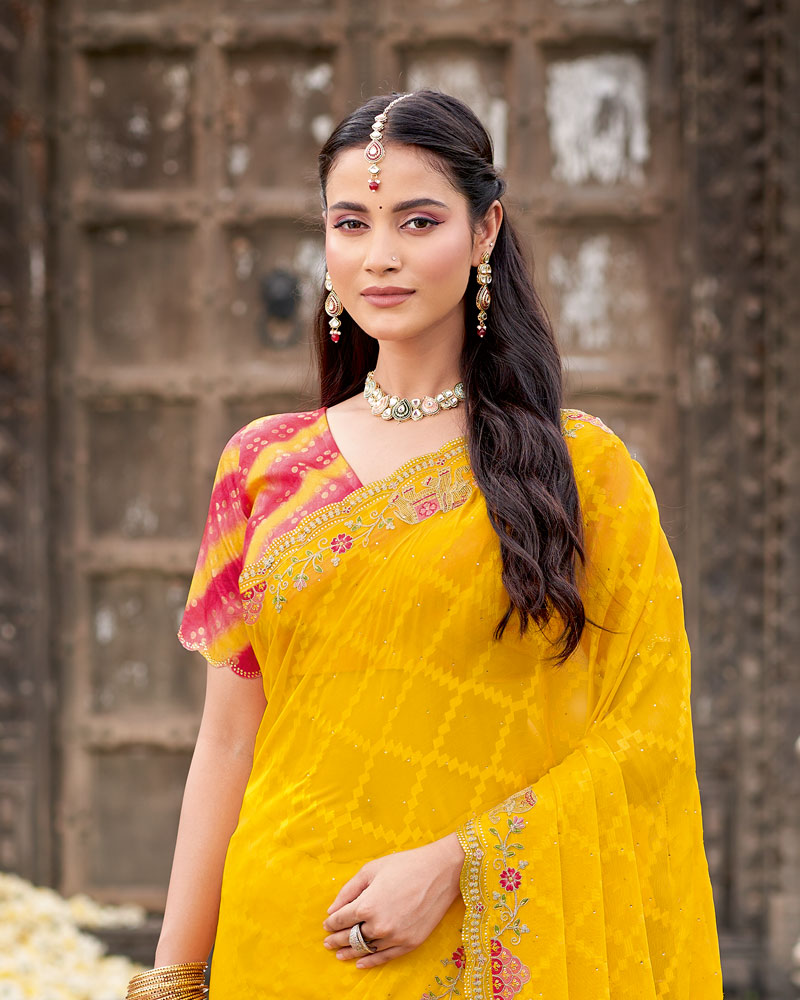 Vishal Prints Bright Yellow Designer Fancy Chiffon Saree With Diamond Work And Cut Work Embroidery Border
