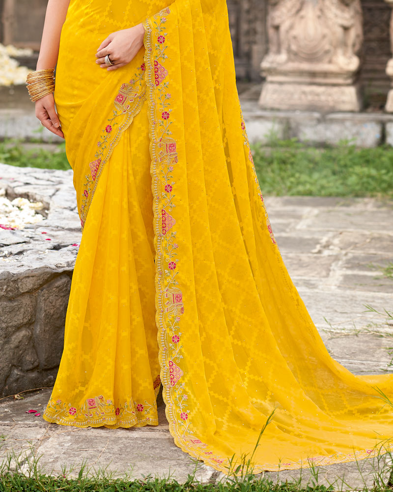 Vishal Prints Bright Yellow Designer Fancy Chiffon Saree With Diamond Work And Cut Work Embroidery Border