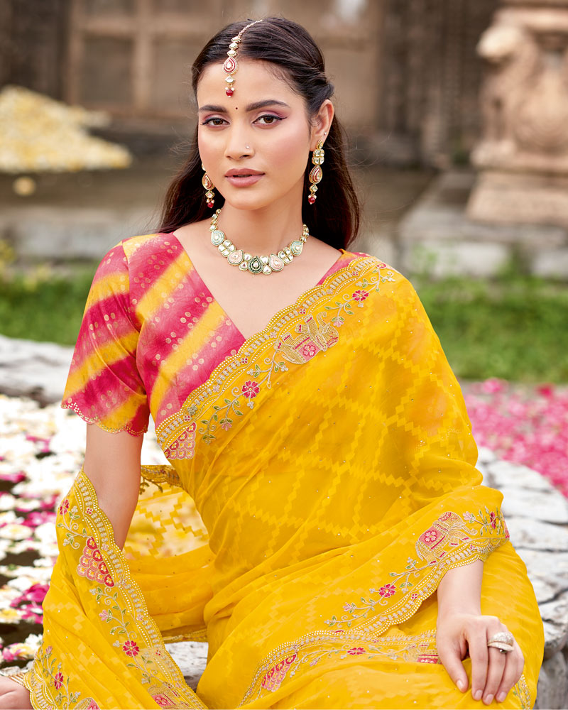 Vishal Prints Bright Yellow Designer Fancy Chiffon Saree With Diamond Work And Cut Work Embroidery Border