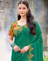 Vishal Prints Forest Green Designer Fancy Chiffon Saree With Diamond Work And Cut Work Embroidery Border