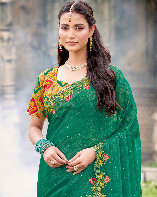 Vishal Prints Forest Green Designer Fancy Chiffon Saree With Diamond Work And Cut Work Embroidery Border