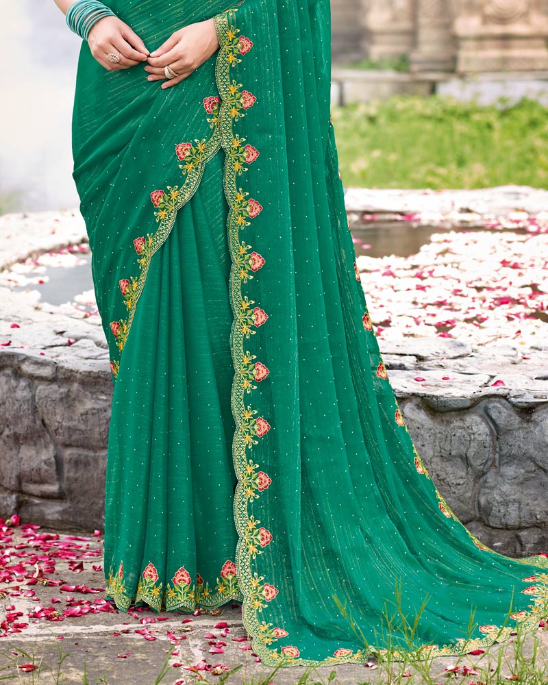 Vishal Prints Forest Green Designer Fancy Chiffon Saree With Diamond Work And Cut Work Embroidery Border