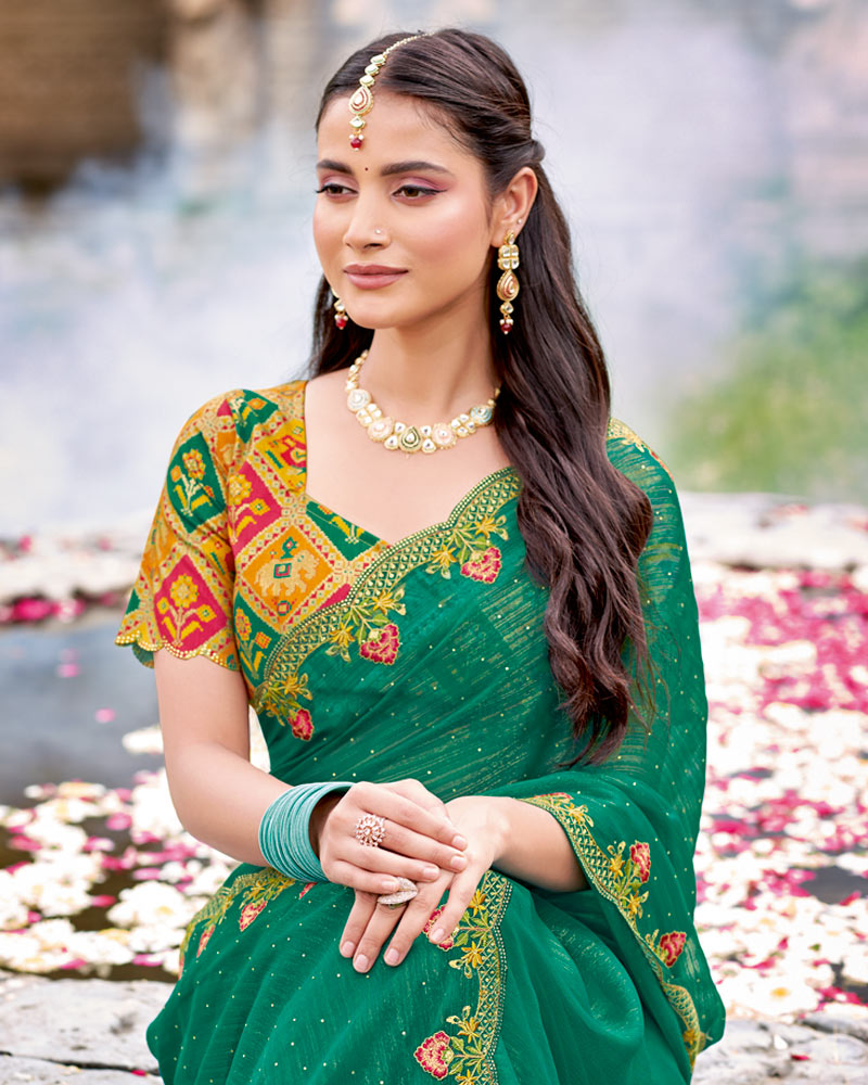 Vishal Prints Forest Green Designer Fancy Chiffon Saree With Diamond Work And Cut Work Embroidery Border