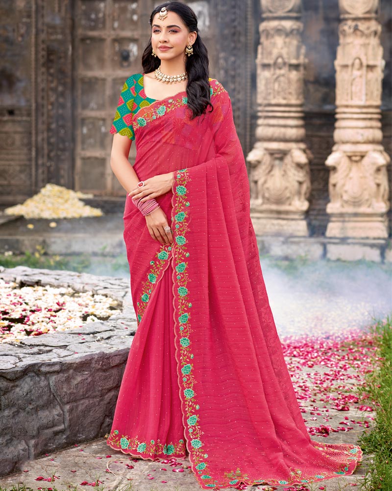 Vishal Prints Raspberry Pink Designer Fancy Chiffon Saree With Diamond Work And Cut Work Embroidery Border
