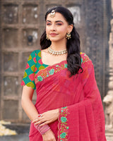 Vishal Prints Raspberry Pink Designer Fancy Chiffon Saree With Diamond Work And Cut Work Embroidery Border