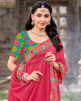 Vishal Prints Raspberry Pink Designer Fancy Chiffon Saree With Diamond Work And Cut Work Embroidery Border