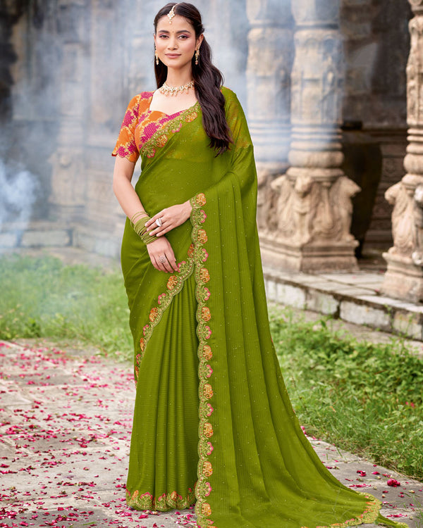 Vishal Prints Mehndi Green Designer Fancy Chiffon Saree With Diamond Work And Cut Work Embroidery Border