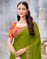 Vishal Prints Mehndi Green Designer Fancy Chiffon Saree With Diamond Work And Cut Work Embroidery Border