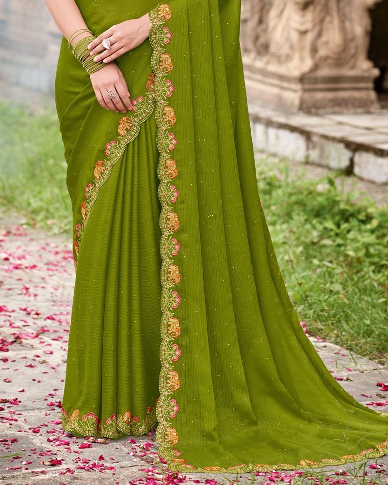 Vishal Prints Mehndi Green Designer Fancy Chiffon Saree With Diamond Work And Cut Work Embroidery Border
