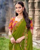 Vishal Prints Mehndi Green Designer Fancy Chiffon Saree With Diamond Work And Cut Work Embroidery Border