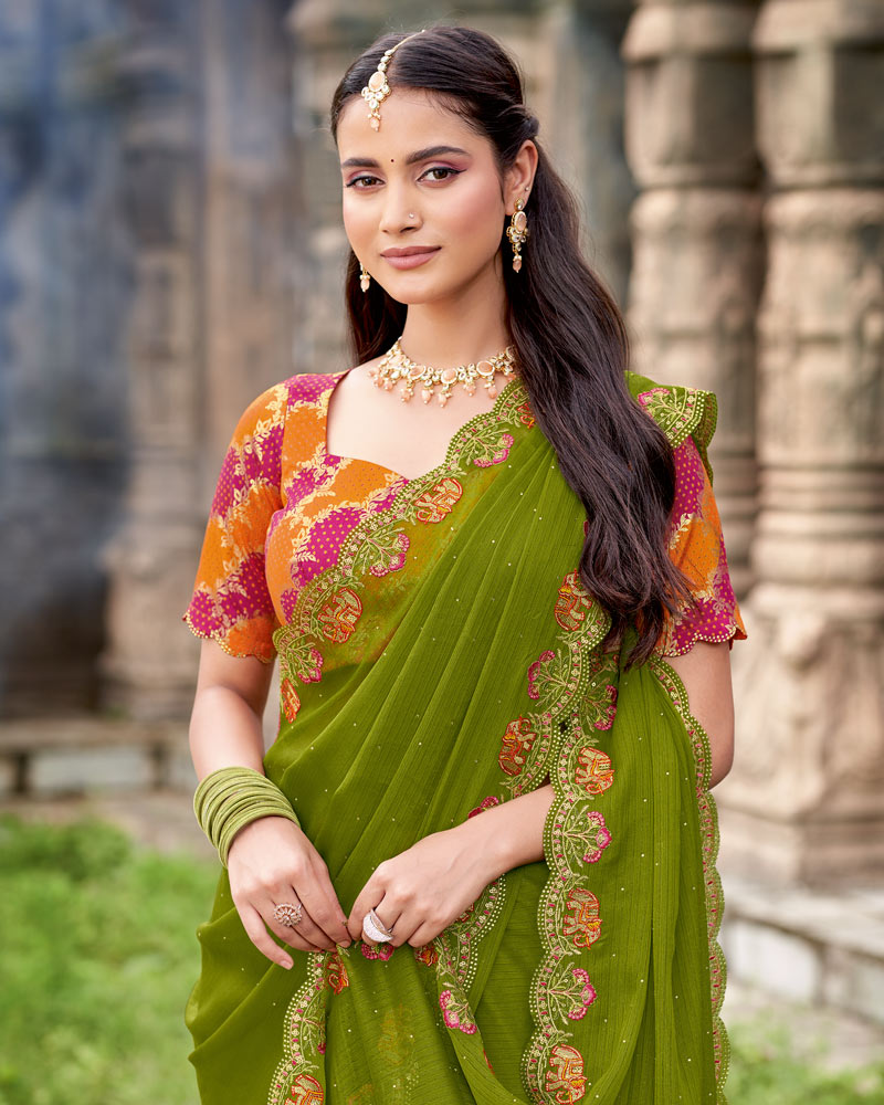 Vishal Prints Mehndi Green Designer Fancy Chiffon Saree With Diamond Work And Cut Work Embroidery Border