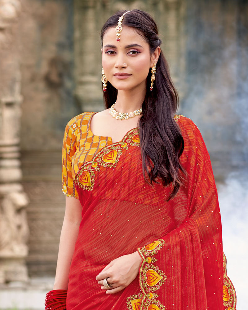 Vishal Prints Bright Red Designer Fancy Chiffon Saree With Diamond Work And Cut Work Embroidery Border