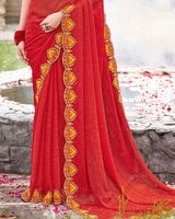 Vishal Prints Bright Red Designer Fancy Chiffon Saree With Diamond Work And Cut Work Embroidery Border