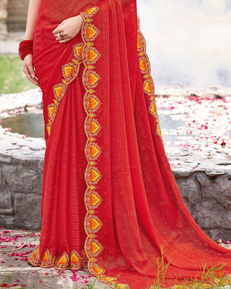 Vishal Prints Bright Red Designer Fancy Chiffon Saree With Diamond Work And Cut Work Embroidery Border