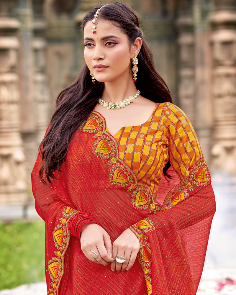Vishal Prints Bright Red Designer Fancy Chiffon Saree With Diamond Work And Cut Work Embroidery Border