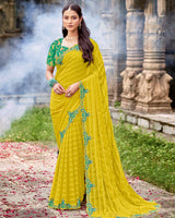 Vishal Prints Lemon Green Designer Fancy Chiffon Saree With Diamond Work And Cut Work Embroidery Border