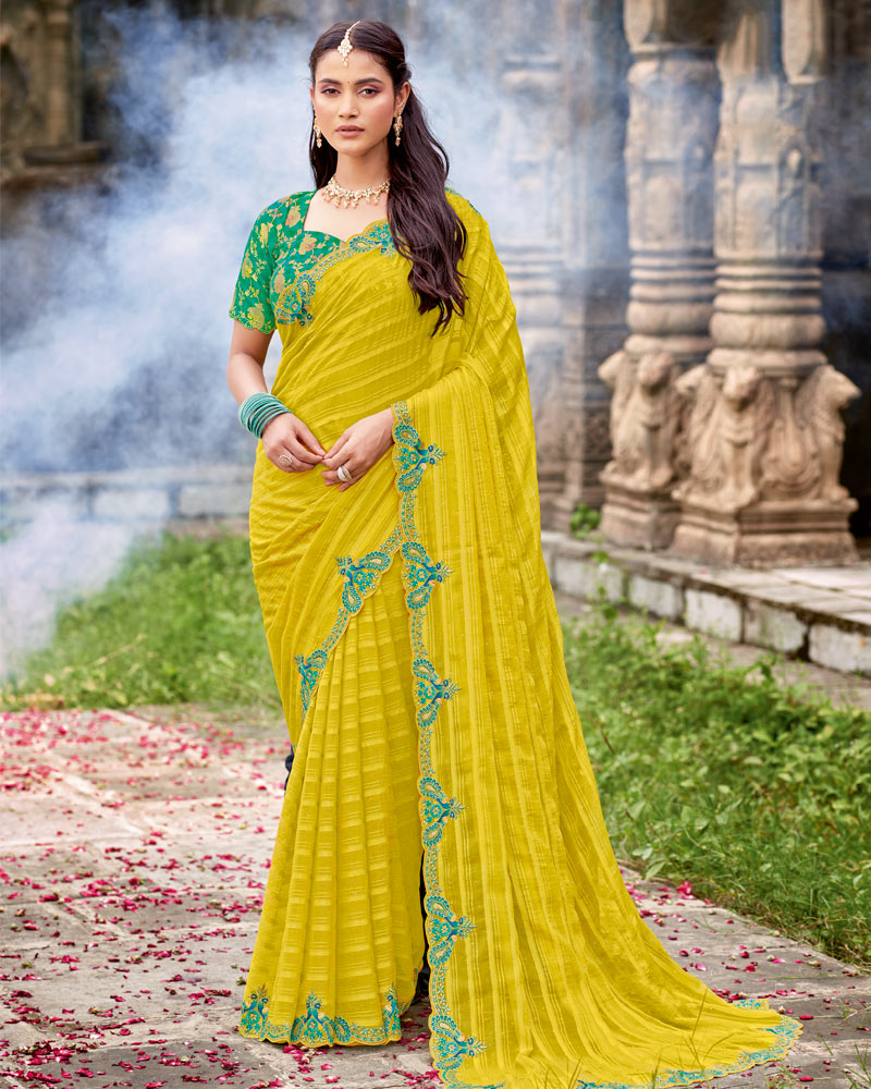 Vishal Prints Lemon Green Designer Fancy Chiffon Saree With Diamond Work And Cut Work Embroidery Border