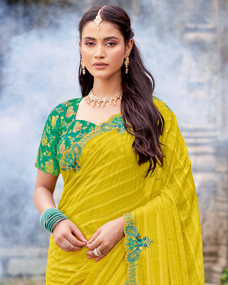Vishal Prints Lemon Green Designer Fancy Chiffon Saree With Diamond Work And Cut Work Embroidery Border