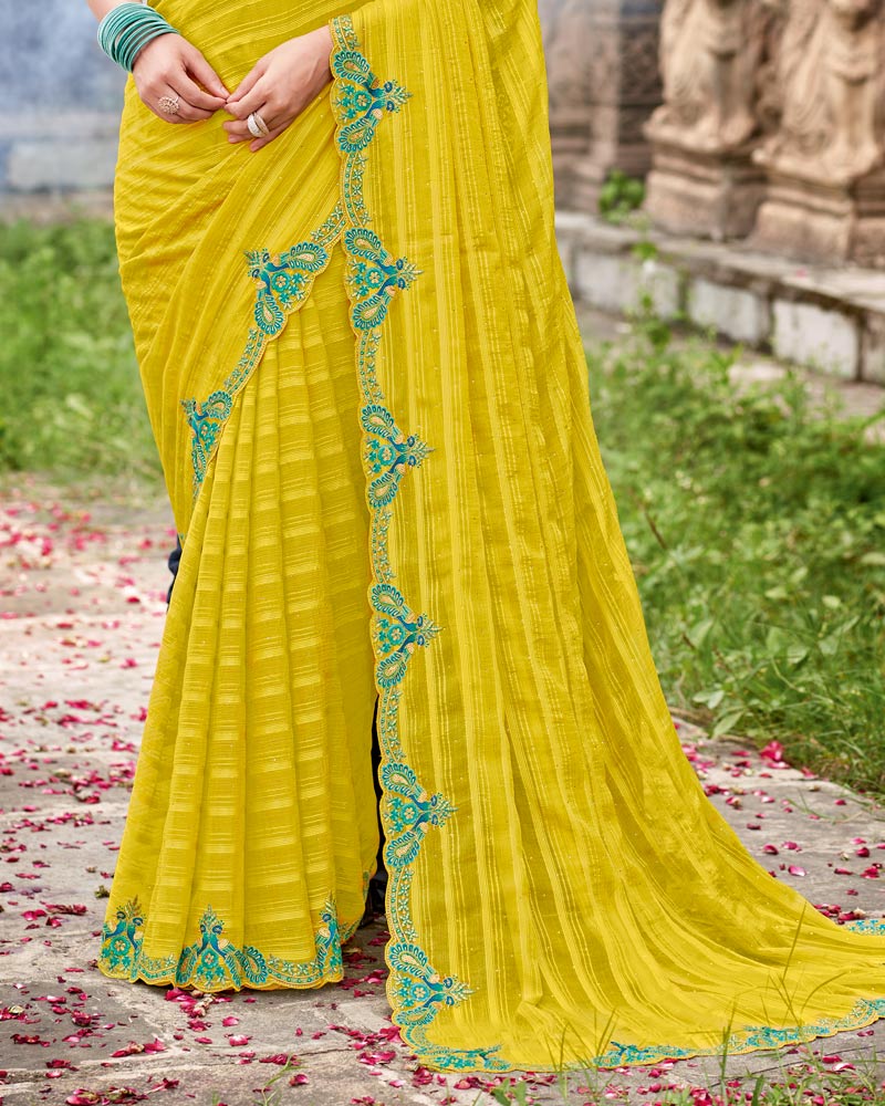Vishal Prints Lemon Green Designer Fancy Chiffon Saree With Diamond Work And Cut Work Embroidery Border