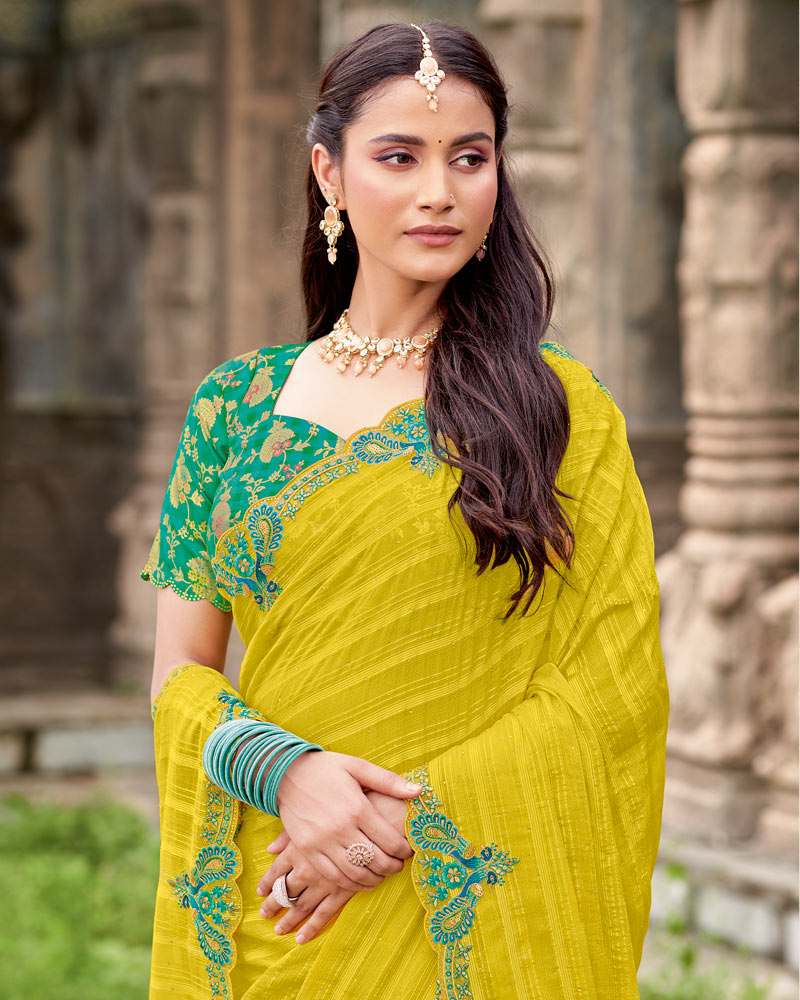 Vishal Prints Lemon Green Designer Fancy Chiffon Saree With Diamond Work And Cut Work Embroidery Border