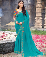 Vishal Prints Sky Blue Designer Fancy Chiffon Saree With Diamond Work And Cut Work Embroidery Border