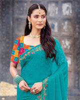 Vishal Prints Sky Blue Designer Fancy Chiffon Saree With Diamond Work And Cut Work Embroidery Border