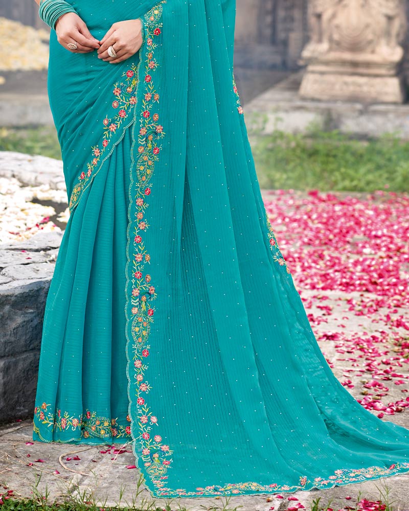 Vishal Prints Sky Blue Designer Fancy Chiffon Saree With Diamond Work And Cut Work Embroidery Border