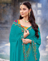 Vishal Prints Sky Blue Designer Fancy Chiffon Saree With Diamond Work And Cut Work Embroidery Border