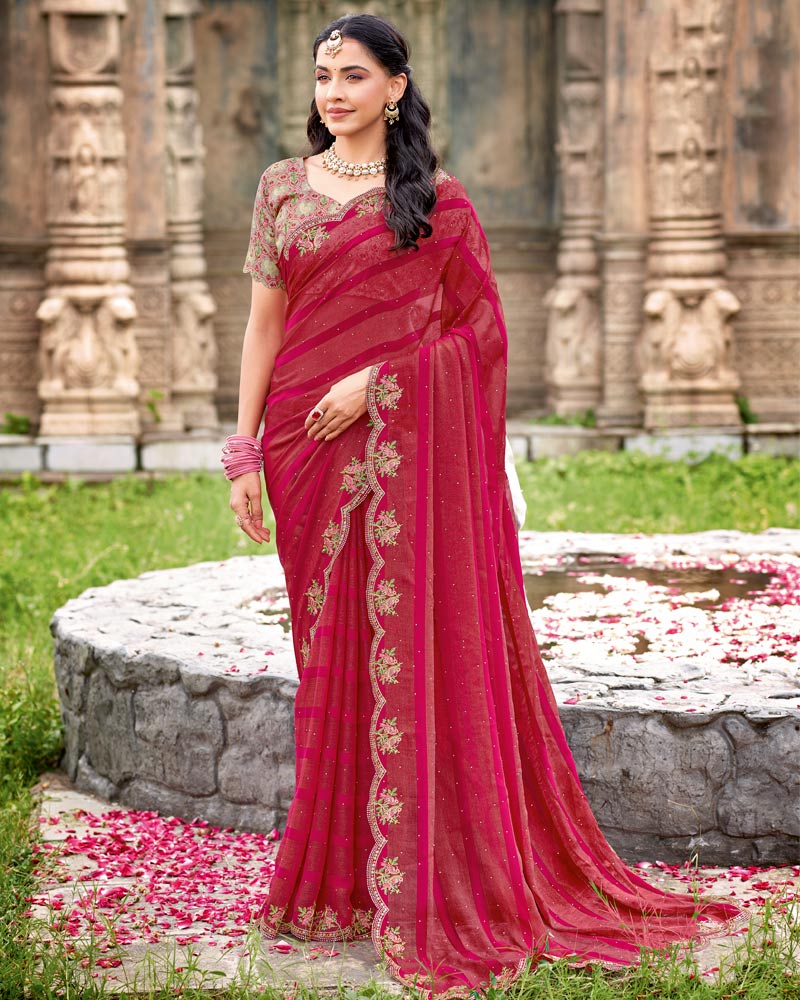 Vishal Prints Burgundy Designer Fancy Chiffon Saree With Diamond Work And Cut Work Embroidery Border
