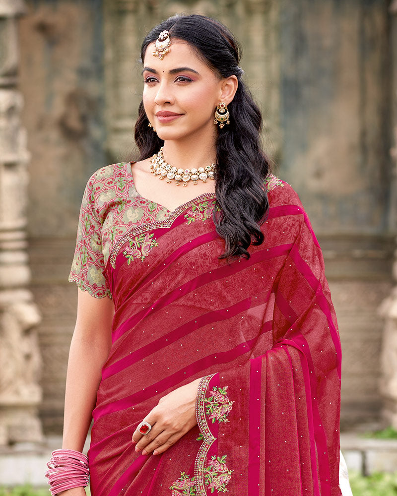 Vishal Prints Burgundy Designer Fancy Chiffon Saree With Diamond Work And Cut Work Embroidery Border